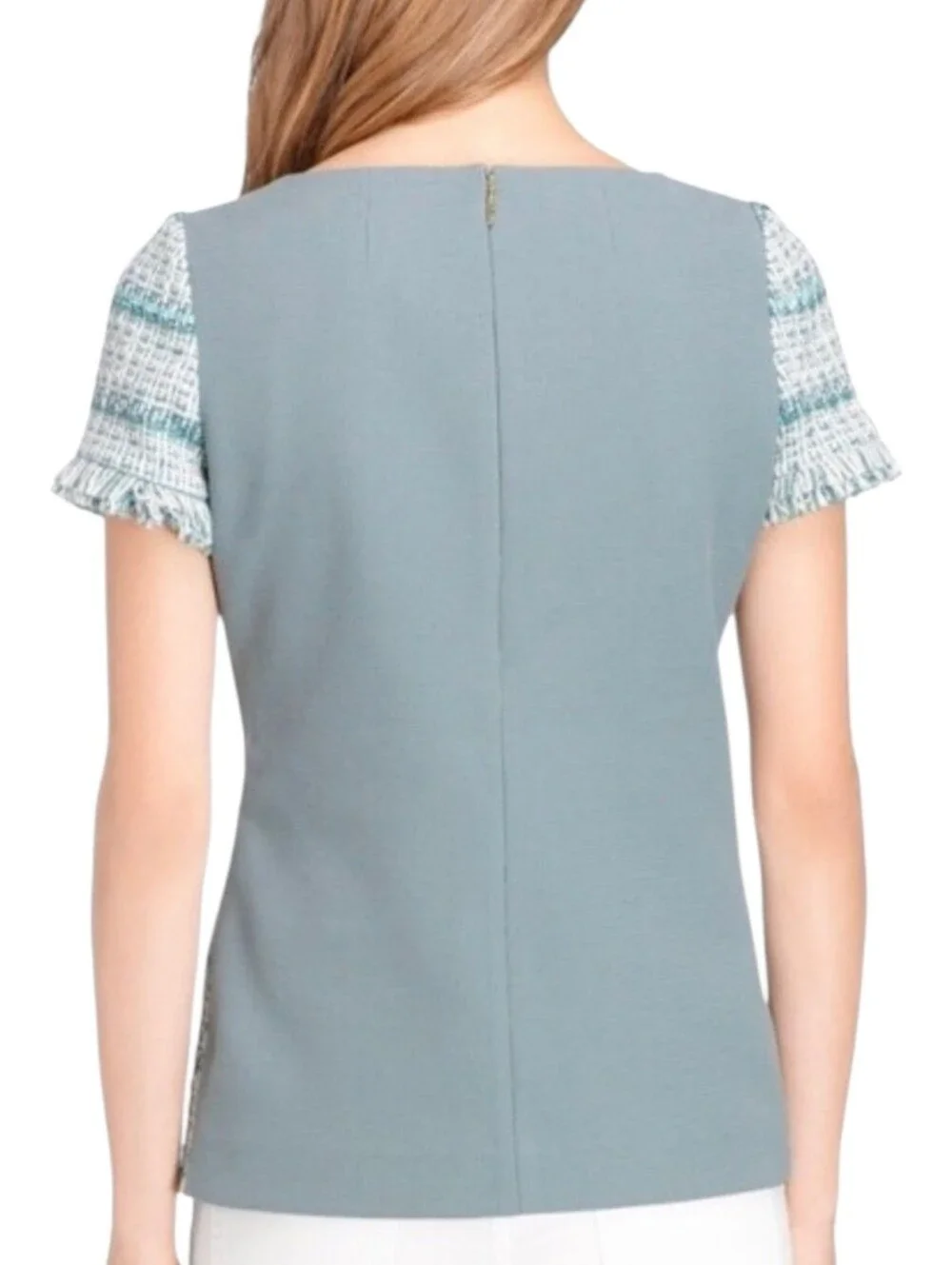 Tory Burch Joan Ribbon Tweed Blouse Size 2 Beaded Collar Striped Teal Fringe